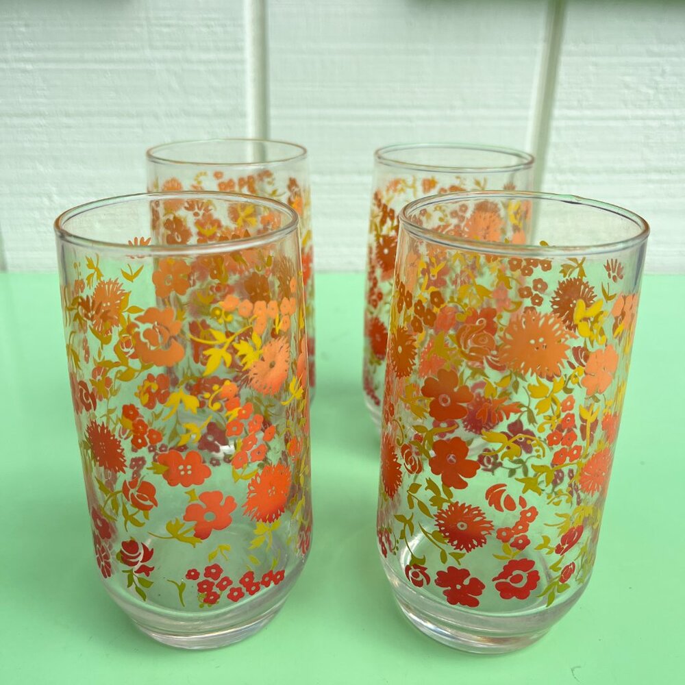 SOLD Vintage Orange & Yellow Floral Gradient Glasses – Set of 4 - Picture 6 of 7